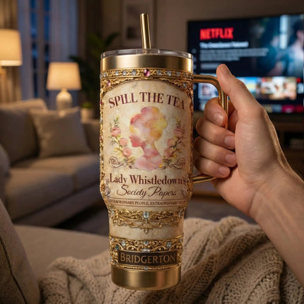 Bridgerton “Spill The Tea” 40oz Tumbler with Lid and Handle - KINDOZY