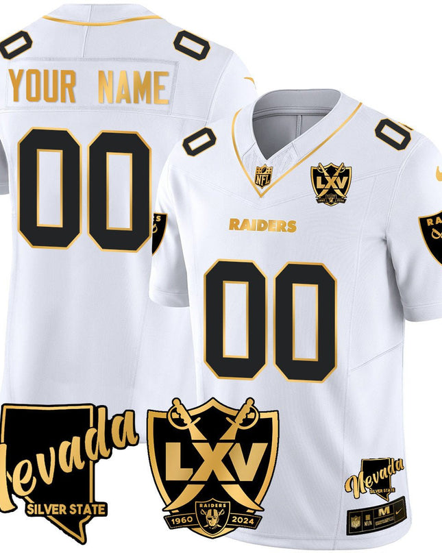 Custom Name/Gender Raiders 2024 Vapor Limited Gold Jersey - 65th Anniversary - All Stitched LVRAI_KDZ - KINDOZY