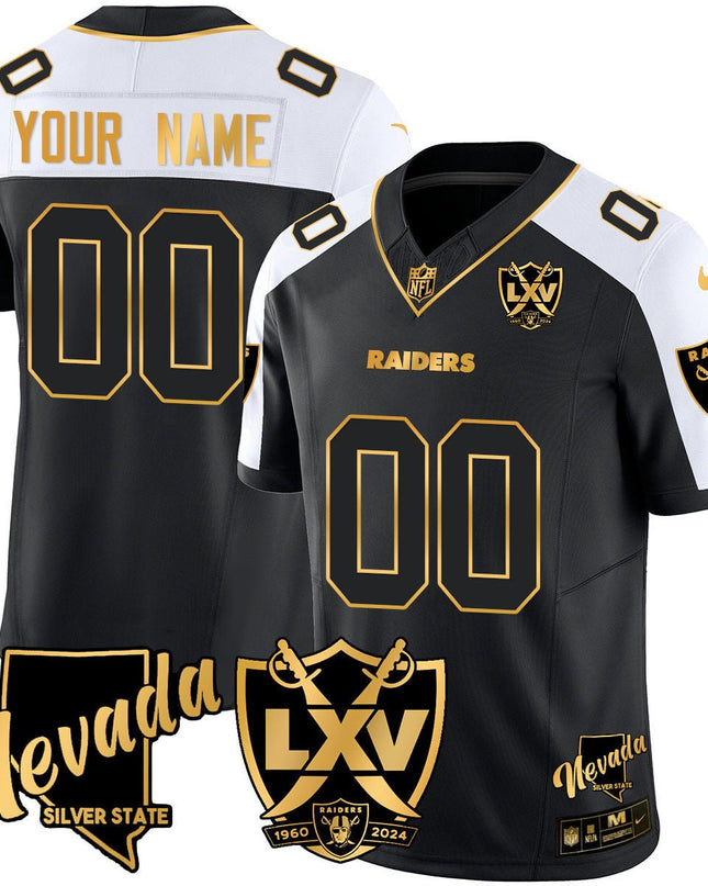 Custom Name/Gender Raiders 2024 Vapor Limited Gold Jersey - 65th Anniversary - All Stitched LVRAI_KDZ - KINDOZY