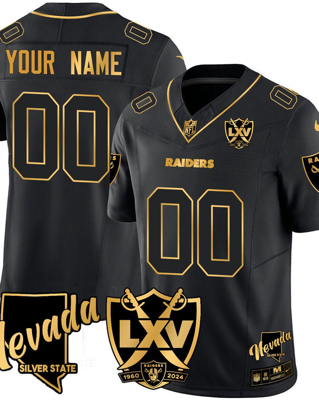 Custom Name/Gender Raiders 2024 Vapor Limited Gold Jersey - 65th Anniversary - All Stitched LVRAI_KDZ - KINDOZY