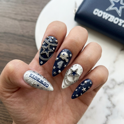 Dallas Cowboys Press On Nails | Reusable 3D Star & Helmet NFL Football Nail Set