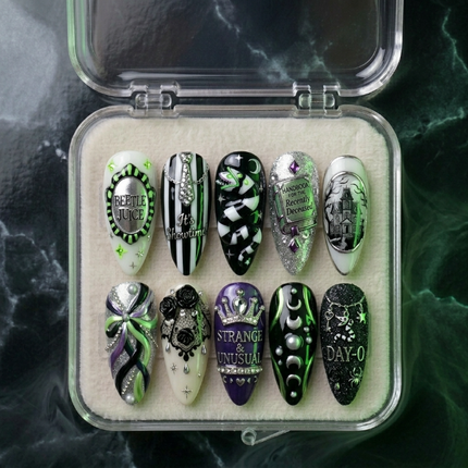 Beetlejuice Handmade Press On Nails | Reusable 3D Nail Set
