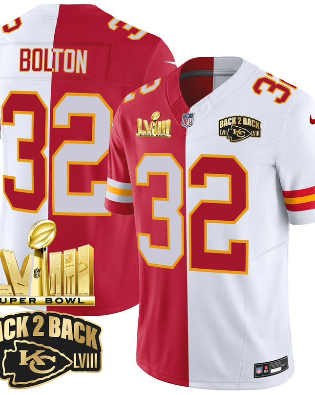 Men's Chiefs Super Bowl LVIII & Back 2 Back Gold Patch Vapor Jersey V2 - All Stitched
