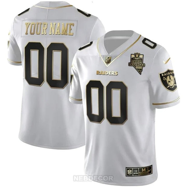 LAS VEGAS RAIDERS INAUGURAL SEASON PATCH GOLD & SPLIT CUSTOM NAME AND NUMBER JERSEY - ALL STITCHED LVRAI_KDZ - KINDOZY