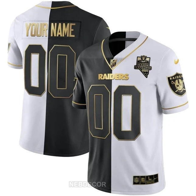 LAS VEGAS RAIDERS INAUGURAL SEASON PATCH GOLD & SPLIT CUSTOM NAME AND NUMBER JERSEY - ALL STITCHED LVRAI_KDZ - KINDOZY