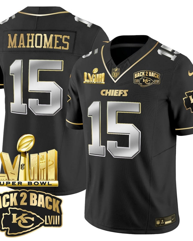 Men's Chiefs Super Bowl LVIII & Back 2 Back Gold Patch Vapor Jersey V2 - All Stitched KCCHI_KDZ - KINDOZY