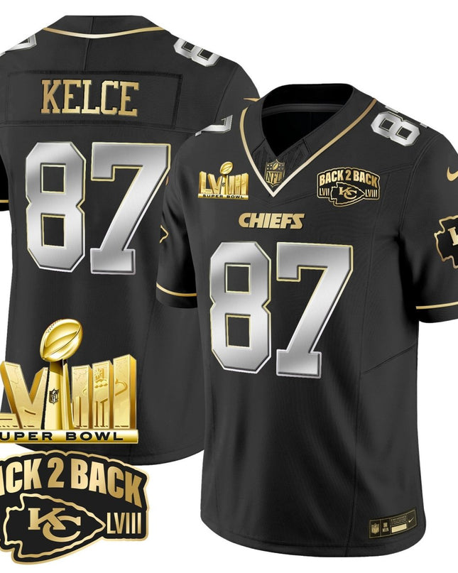 Men's Chiefs Super Bowl LVIII & Back 2 Back Gold Patch Vapor Jersey V2 - All Stitched KCCHI_KDZ - KINDOZY