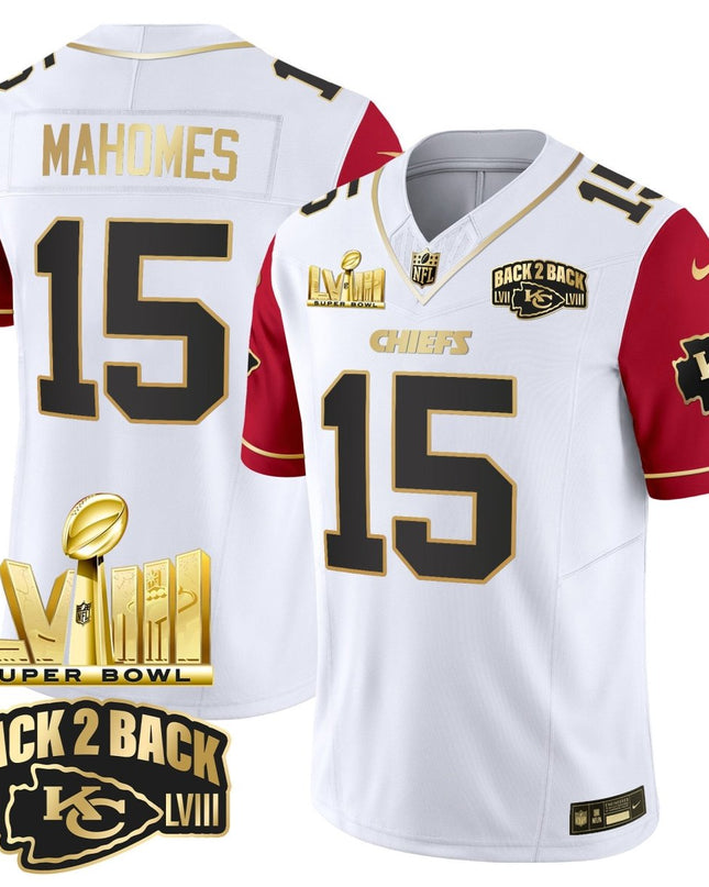 Men's Chiefs Super Bowl LVIII & Back 2 Back Gold Patch Vapor Jersey V2 - All Stitched KCCHI_KDZ - KINDOZY