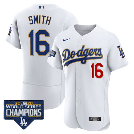 Men's Dodgers World Series Champions Patch Flex Base Gold Trim Jersey - All Stitched - KINDOZY