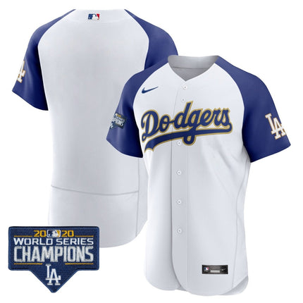 Men's Dodgers World Series Champions Patch Flex Base Gold Trim Jersey - All Stitched - KINDOZY