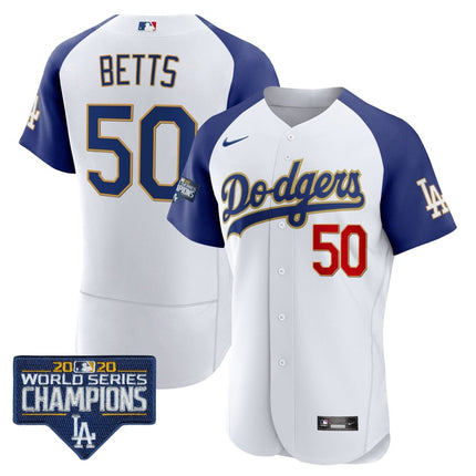 Men's Dodgers World Series Champions Patch Flex Base Gold Trim Jersey - All Stitched - KINDOZY