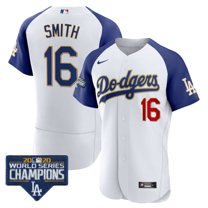 Men's Dodgers World Series Champions Patch Flex Base Gold Trim Jersey - All Stitched - KINDOZY
