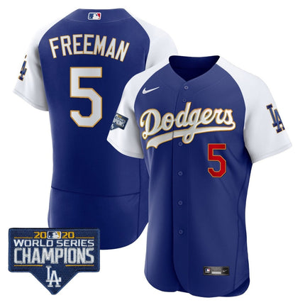 Men's Dodgers World Series Champions Patch Flex Base Gold Trim Jersey - All Stitched - KINDOZY