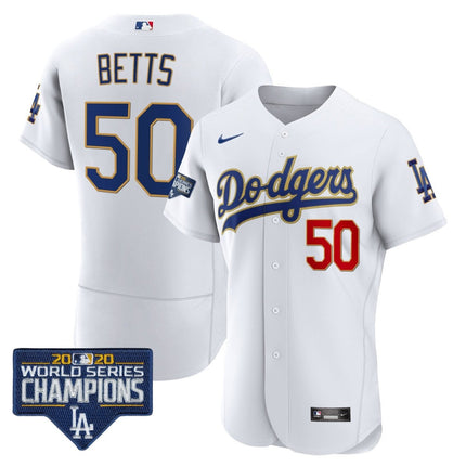 Men's Dodgers World Series Champions Patch Flex Base Gold Trim Jersey - All Stitched - KINDOZY