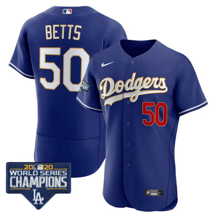 Men's Dodgers World Series Champions Patch Flex Base Gold Trim Jersey - All Stitched - KINDOZY
