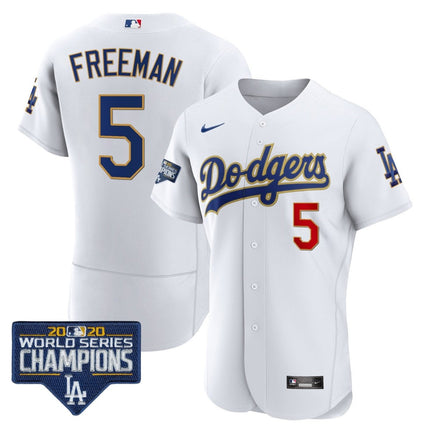 Men's Dodgers World Series Champions Patch Flex Base Gold Trim Jersey - All Stitched - KINDOZY