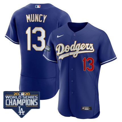 Men's Dodgers World Series Champions Patch Flex Base Gold Trim Jersey - All Stitched - KINDOZY