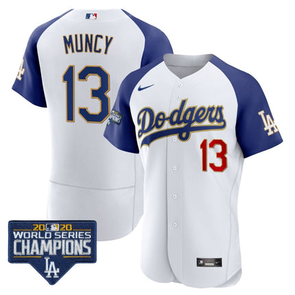 Men's Dodgers World Series Champions Patch Flex Base Gold Trim Jersey - All Stitched - KINDOZY