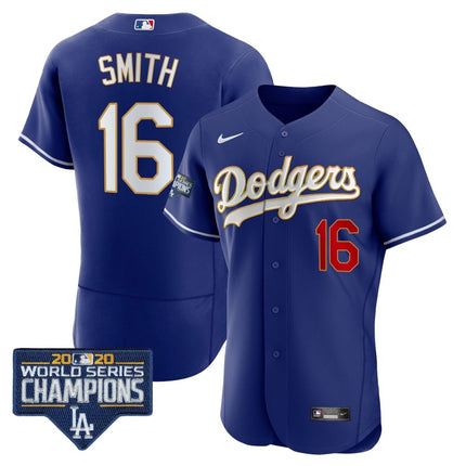 Men's Dodgers World Series Champions Patch Flex Base Gold Trim Jersey - All Stitched - KINDOZY