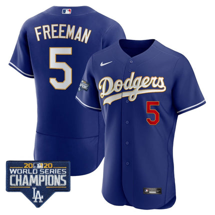 Men's Dodgers World Series Champions Patch Flex Base Gold Trim Jersey - All Stitched - KINDOZY