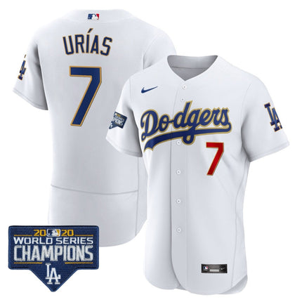 Men's Dodgers World Series Champions Patch Flex Base Gold Trim Jersey - All Stitched - KINDOZY