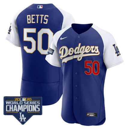 Men's Dodgers World Series Champions Patch Flex Base Gold Trim Jersey - All Stitched - KINDOZY