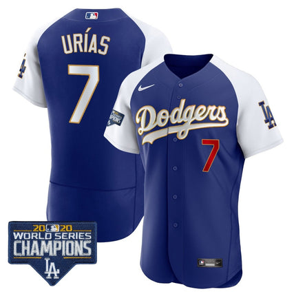 Men's Dodgers World Series Champions Patch Flex Base Gold Trim Jersey - All Stitched - KINDOZY