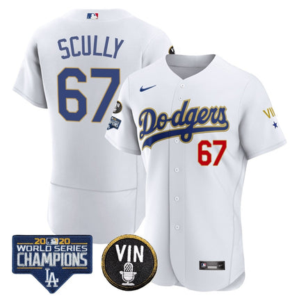 Men's Dodgers World Series & Vin Sculy Patch Gold Jersey - All Stitched - KINDOZY