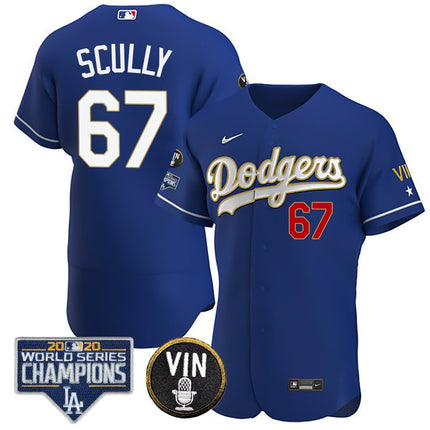 Men's Dodgers World Series & Vin Sculy Patch Gold Jersey - All Stitched - KINDOZY