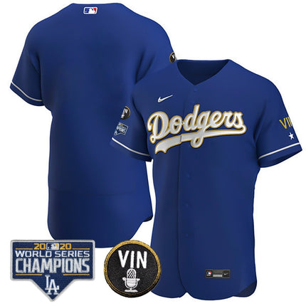 Men's Dodgers World Series & Vin Sculy Patch Gold Jersey - All Stitched - KINDOZY