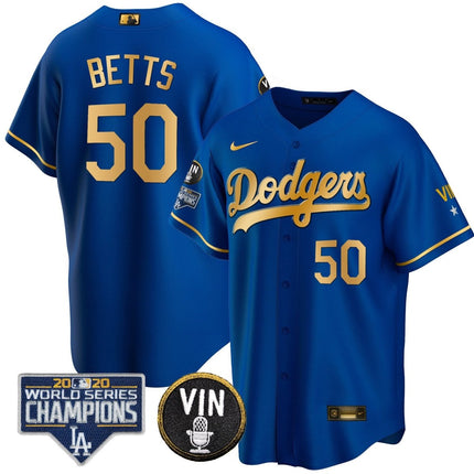Men's Dodgers World Series & Vin Sculy Patch Gold Jersey - All Stitched - KINDOZY