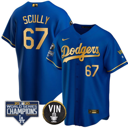 Men's Dodgers World Series & Vin Sculy Patch Gold Jersey - All Stitched - KINDOZY