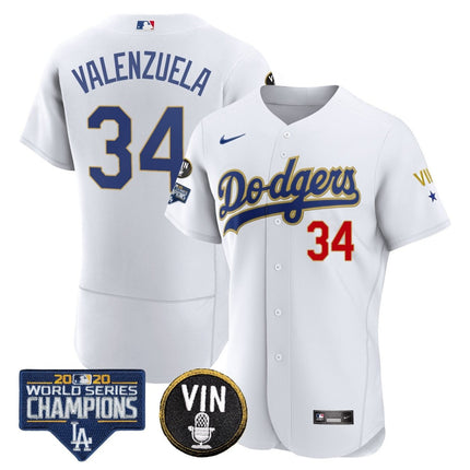 Men's Dodgers World Series & Vin Sculy Patch Gold Jersey - All Stitched - KINDOZY