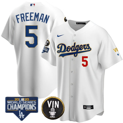 Men's Dodgers World Series & Vin Sculy Patch Gold Jersey - All Stitched - KINDOZY