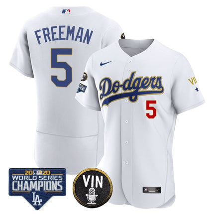 Men's Dodgers World Series & Vin Sculy Patch Gold Jersey - All Stitched - KINDOZY
