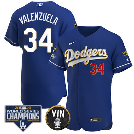 Men's Dodgers World Series & Vin Sculy Patch Gold Jersey - All Stitched - KINDOZY