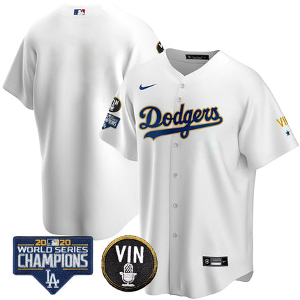 Men's Dodgers World Series & Vin Sculy Patch Gold Jersey - All Stitched - KINDOZY