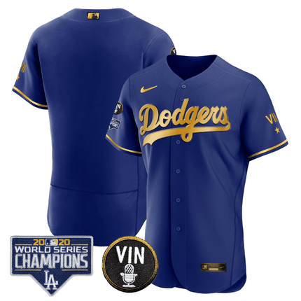 Men's Dodgers World Series & Vin Sculy Patch Gold Jersey - All Stitched - KINDOZY