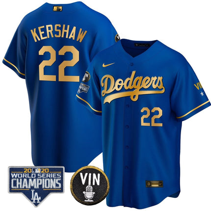 Men's Dodgers World Series & Vin Sculy Patch Gold Jersey - All Stitched - KINDOZY