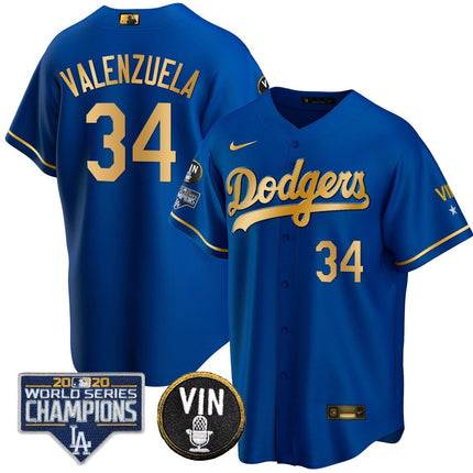 Men's Dodgers World Series & Vin Sculy Patch Gold Jersey - All Stitched - KINDOZY