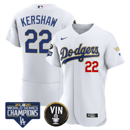 Men's Dodgers World Series & Vin Sculy Patch Gold Jersey - All Stitched - KINDOZY