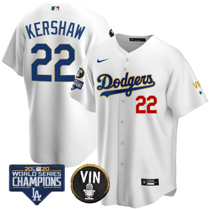 Men's Dodgers World Series & Vin Sculy Patch Gold Jersey - All Stitched - KINDOZY