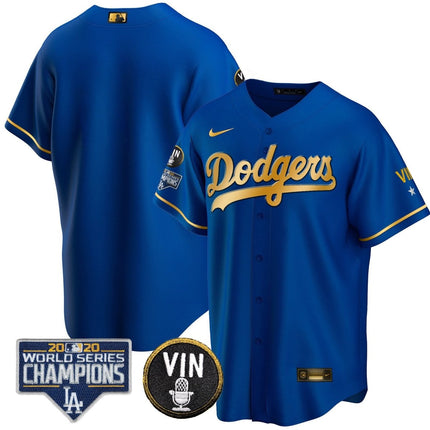 Men's Dodgers World Series & Vin Sculy Patch Gold Jersey - All Stitched - KINDOZY