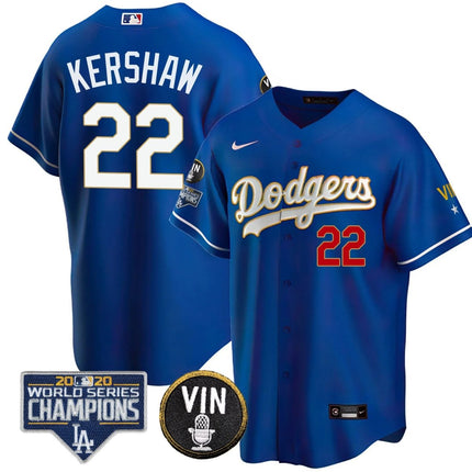 Men's Dodgers World Series & Vin Sculy Patch Gold Jersey - All Stitched - KINDOZY