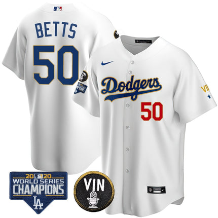 Men's Dodgers World Series & Vin Sculy Patch Gold Jersey - All Stitched - KINDOZY