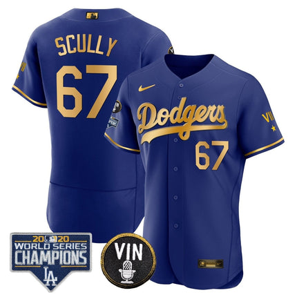 Men's Dodgers World Series & Vin Sculy Patch Gold Jersey - All Stitched - KINDOZY
