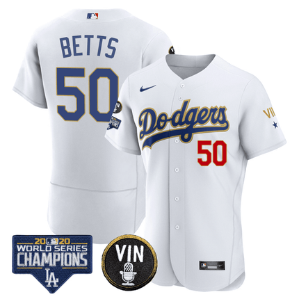 Men's Dodgers World Series & Vin Sculy Patch Gold Jersey - All Stitched - KINDOZY