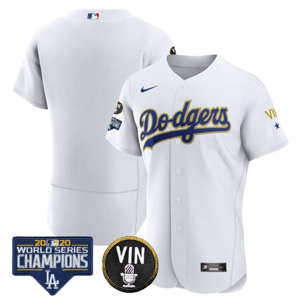 Men's Dodgers World Series & Vin Sculy Patch Gold Jersey - All Stitched - KINDOZY