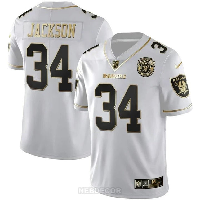 MEN'S RAIDERS SUPER BOWL CHAMPIONS PATCH WHITE GOLD AND BLACK GOLD JERSEY - ALL STITCHED LVRAI_KDZ - KINDOZY