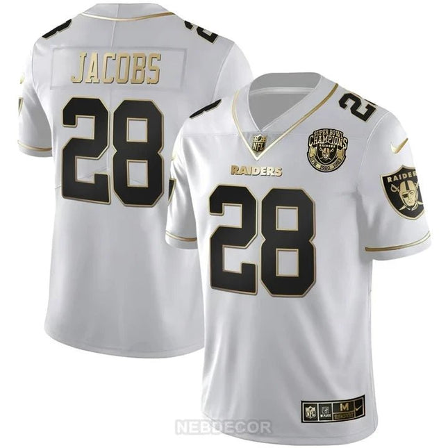 MEN'S RAIDERS SUPER BOWL CHAMPIONS PATCH WHITE GOLD AND BLACK GOLD JERSEY - ALL STITCHED LVRAI_KDZ - KINDOZY